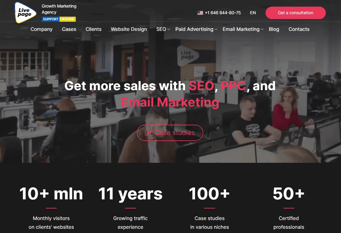 The homepage of the Livepage website