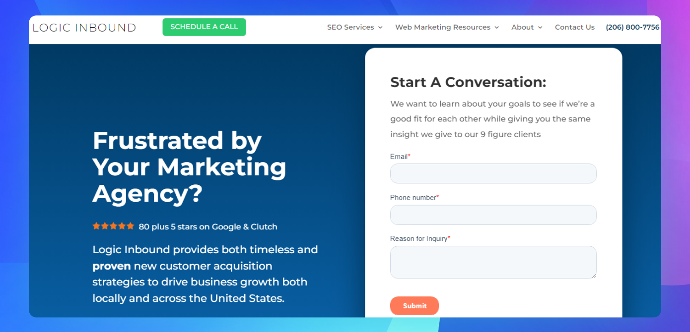 The homepage of the Logic Inbound website