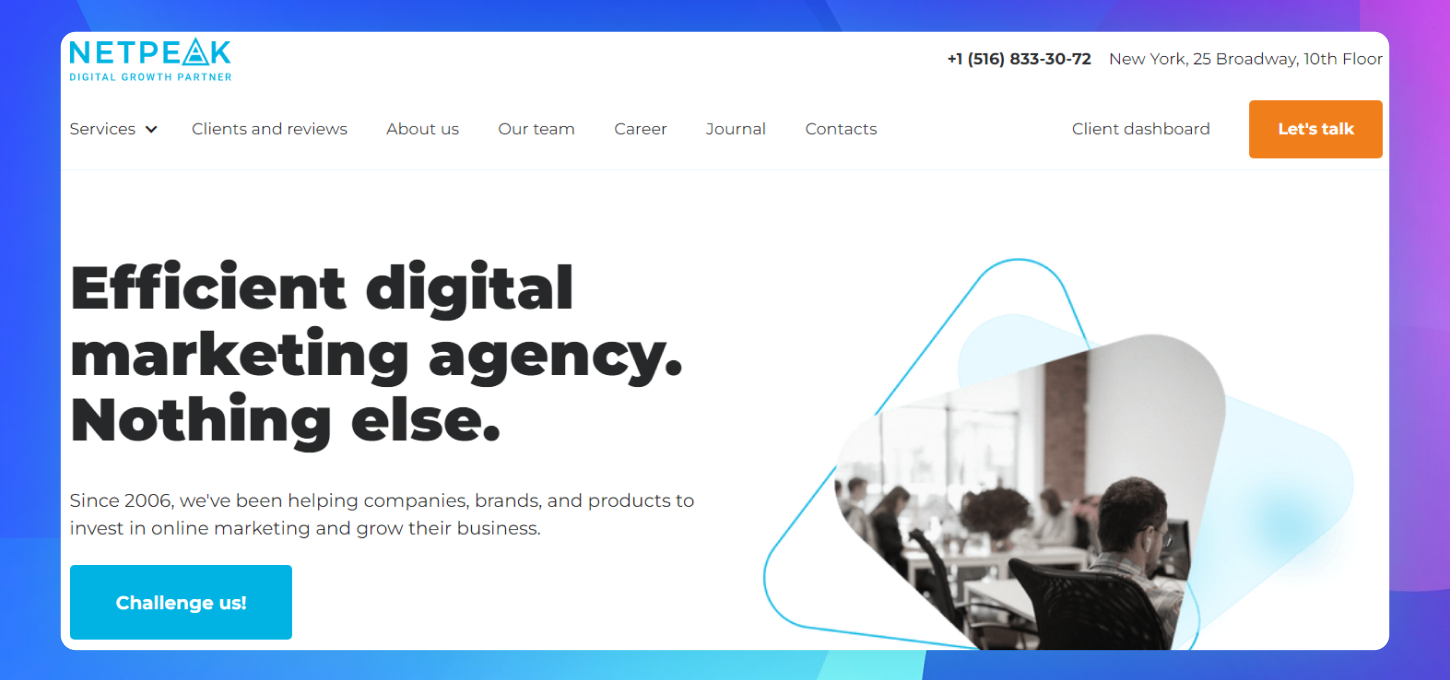 The homepage of the Netpeak website