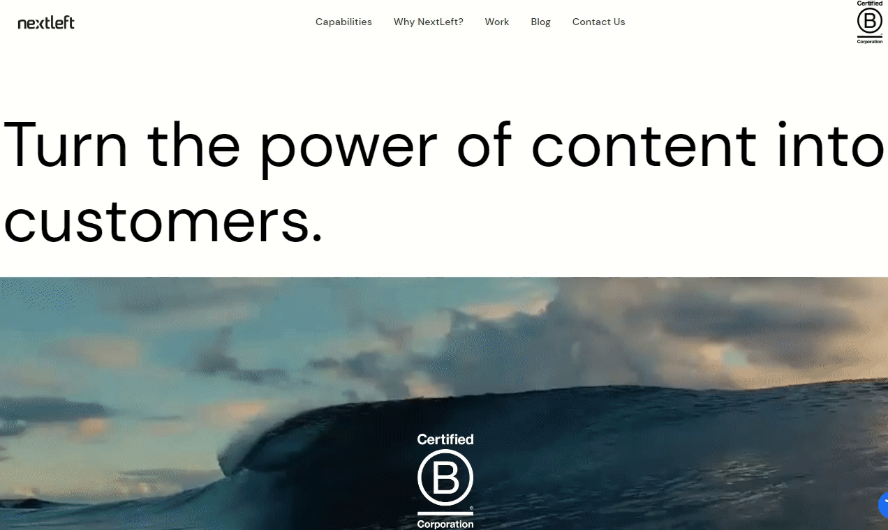 The homepage of the NextLeft website