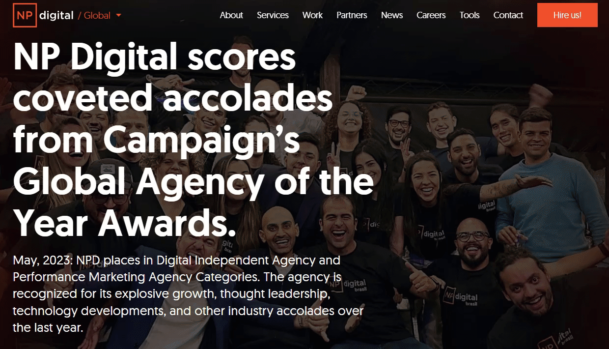 The homepage of the NP Digital website