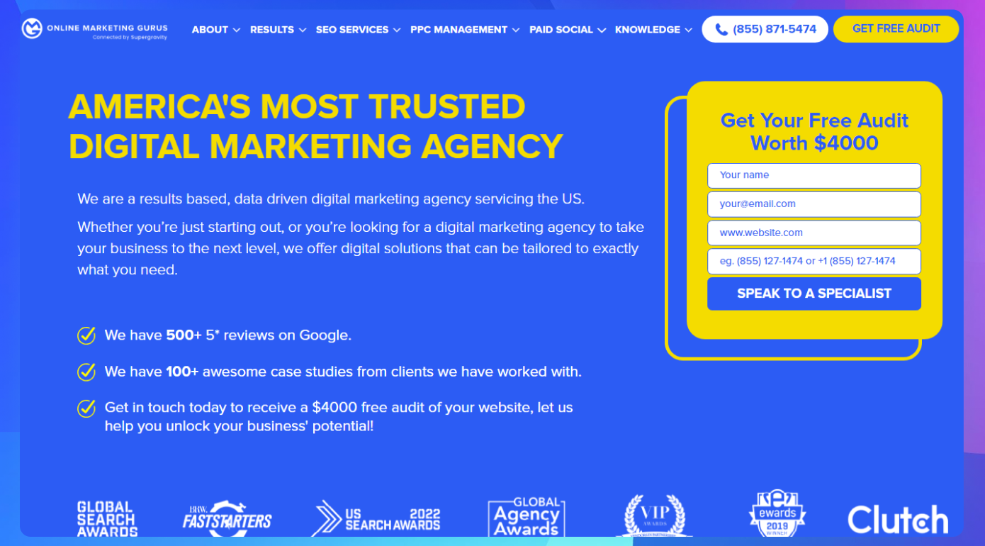 The homepage of the Online Marketing Gurus website