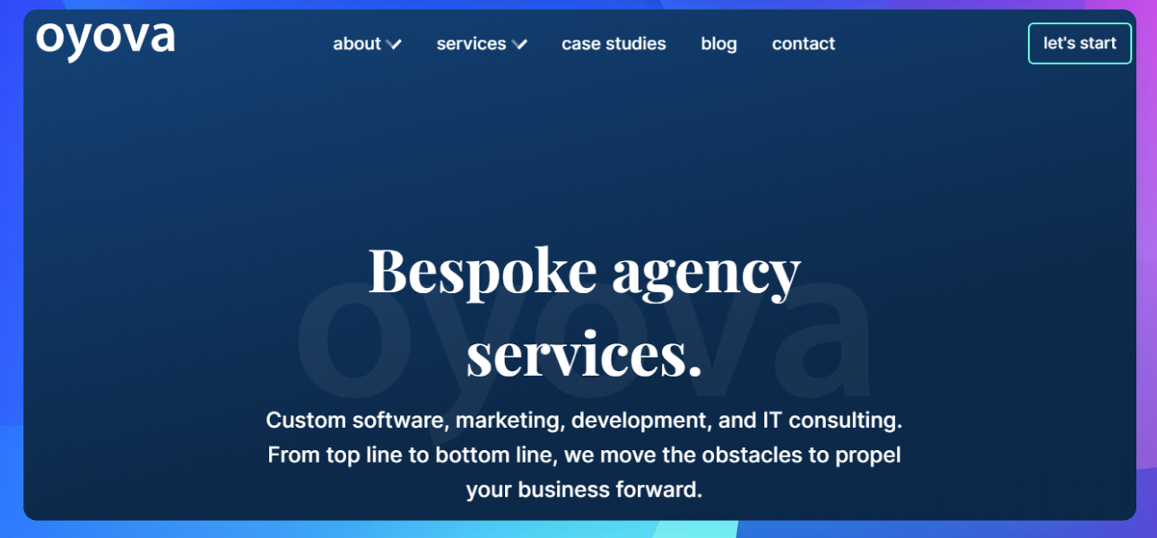 The homepage of the Oyova website