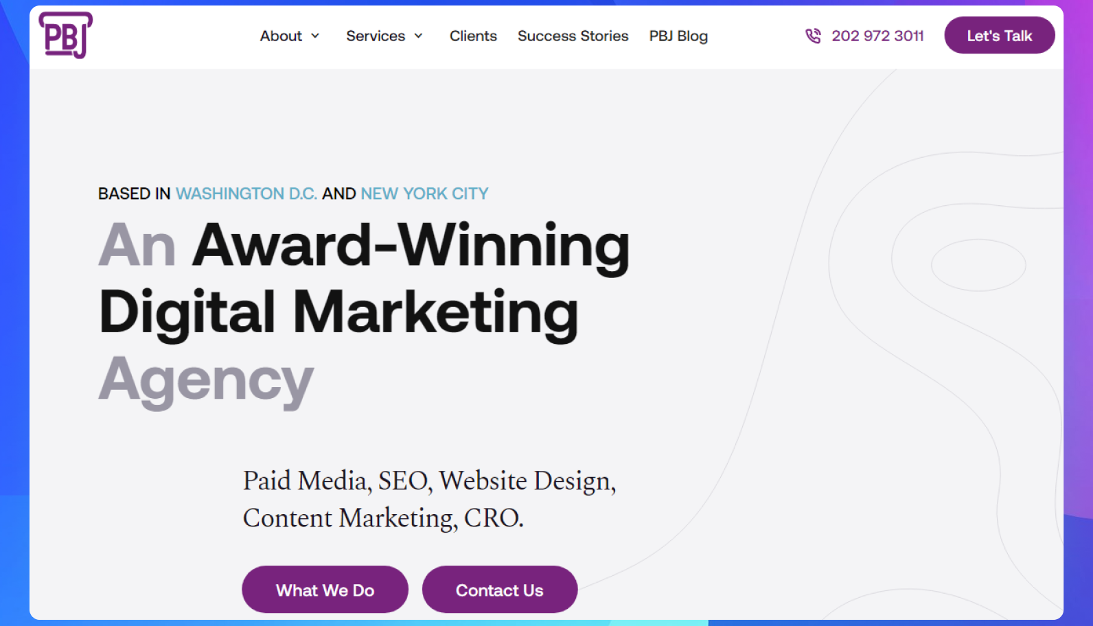 The homepage of the PBJ Marketing website