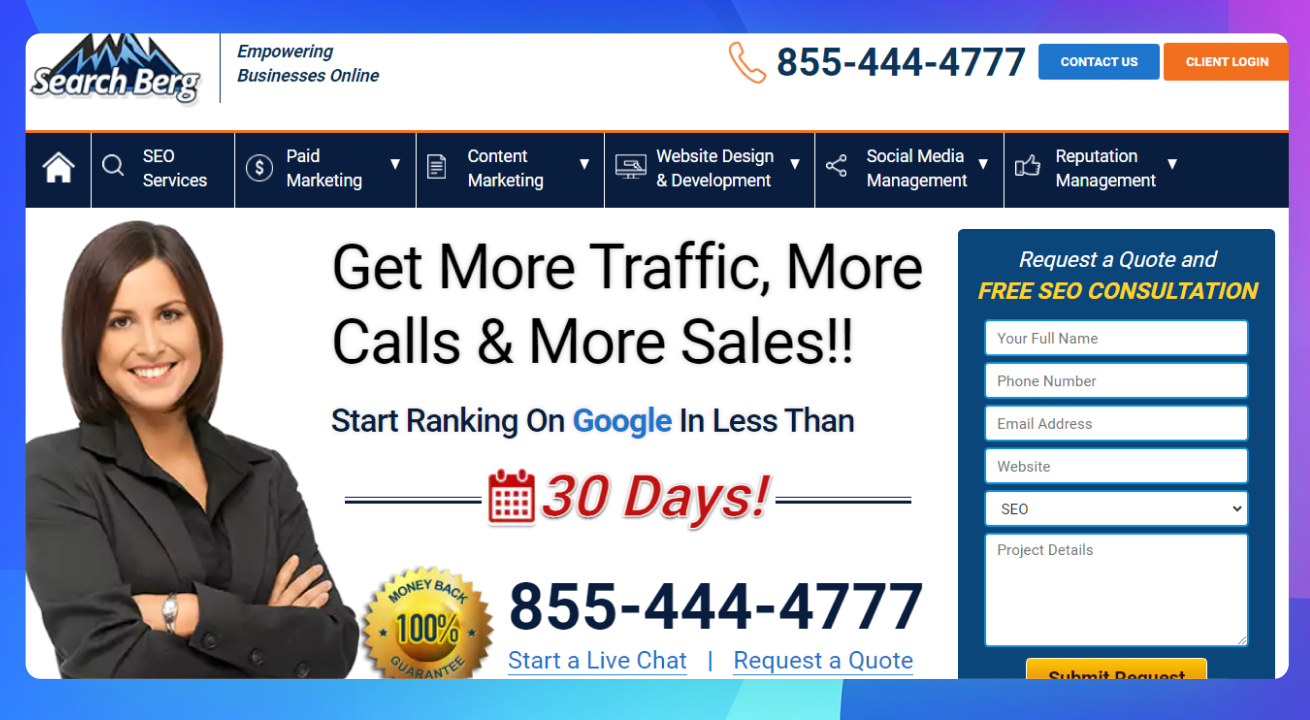 The homepage of the Search Berg website