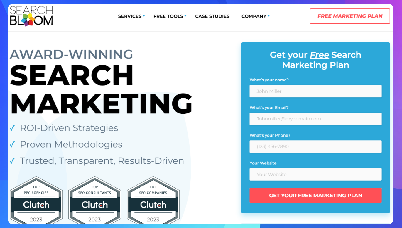 The homepage of the Searchbloom website