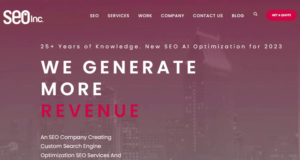 The homepage of the SEO Inc website