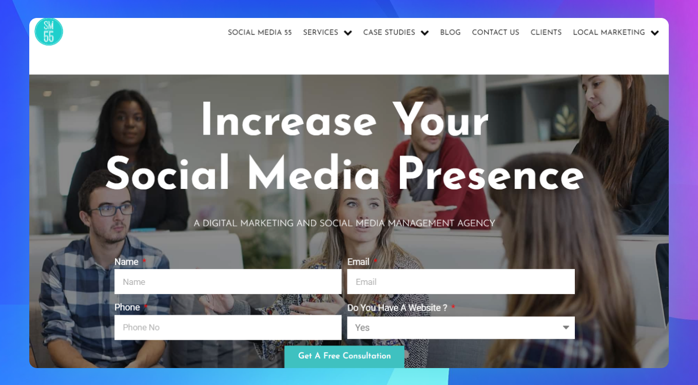 The homepage of the Social Media 55 website