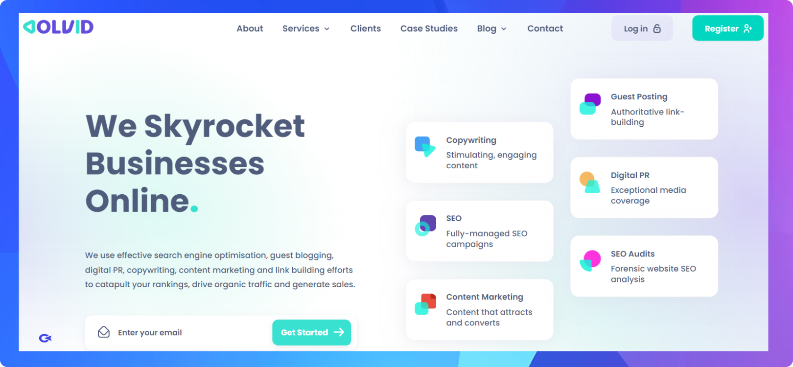 The homepage of the Solvid website.