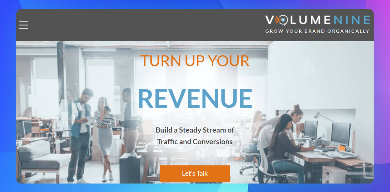 The homepage of the Volume Nine website