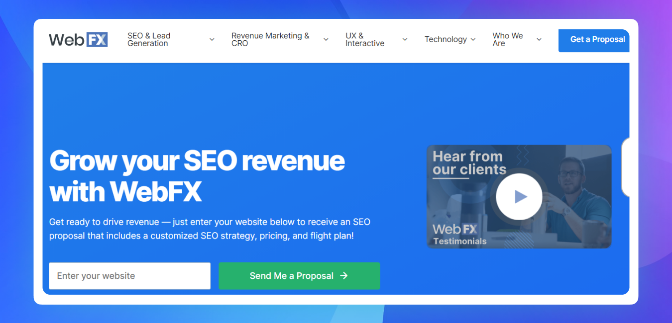 The homepage of the WebFX website