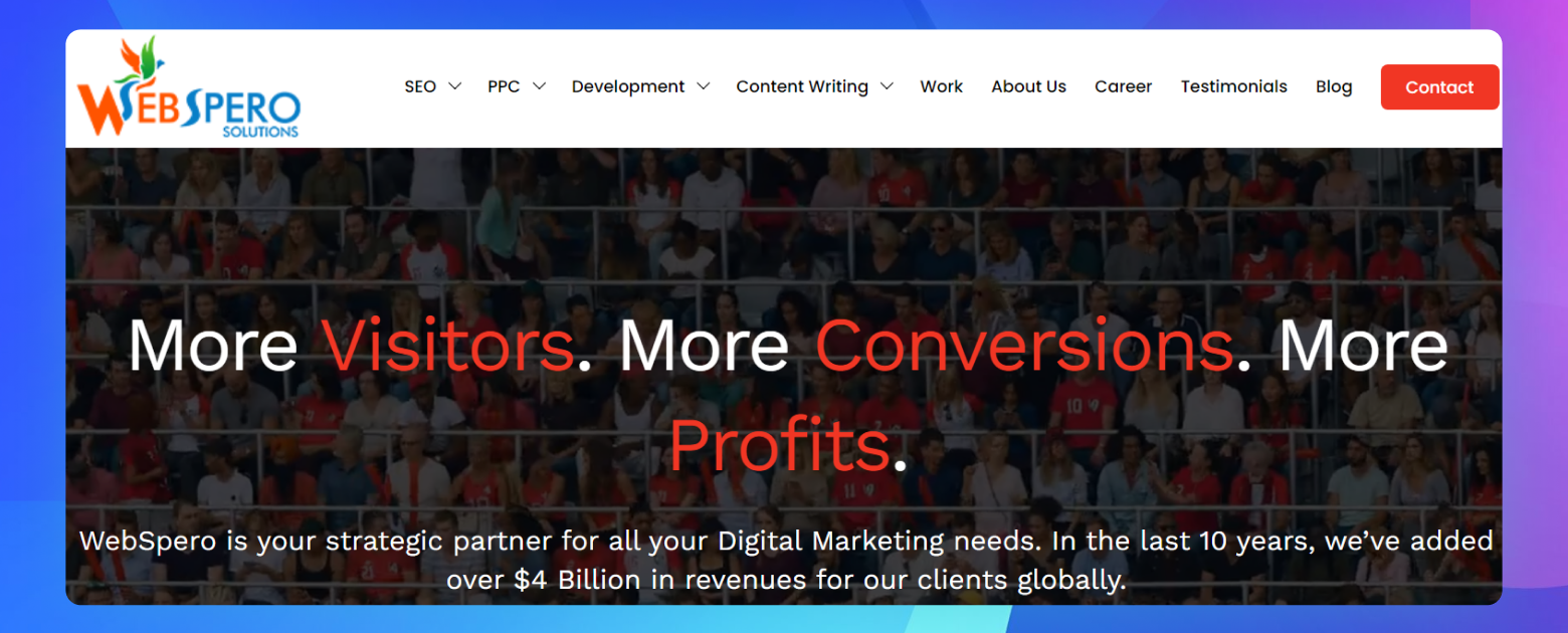 The homepage of the WebSpero Solutions website