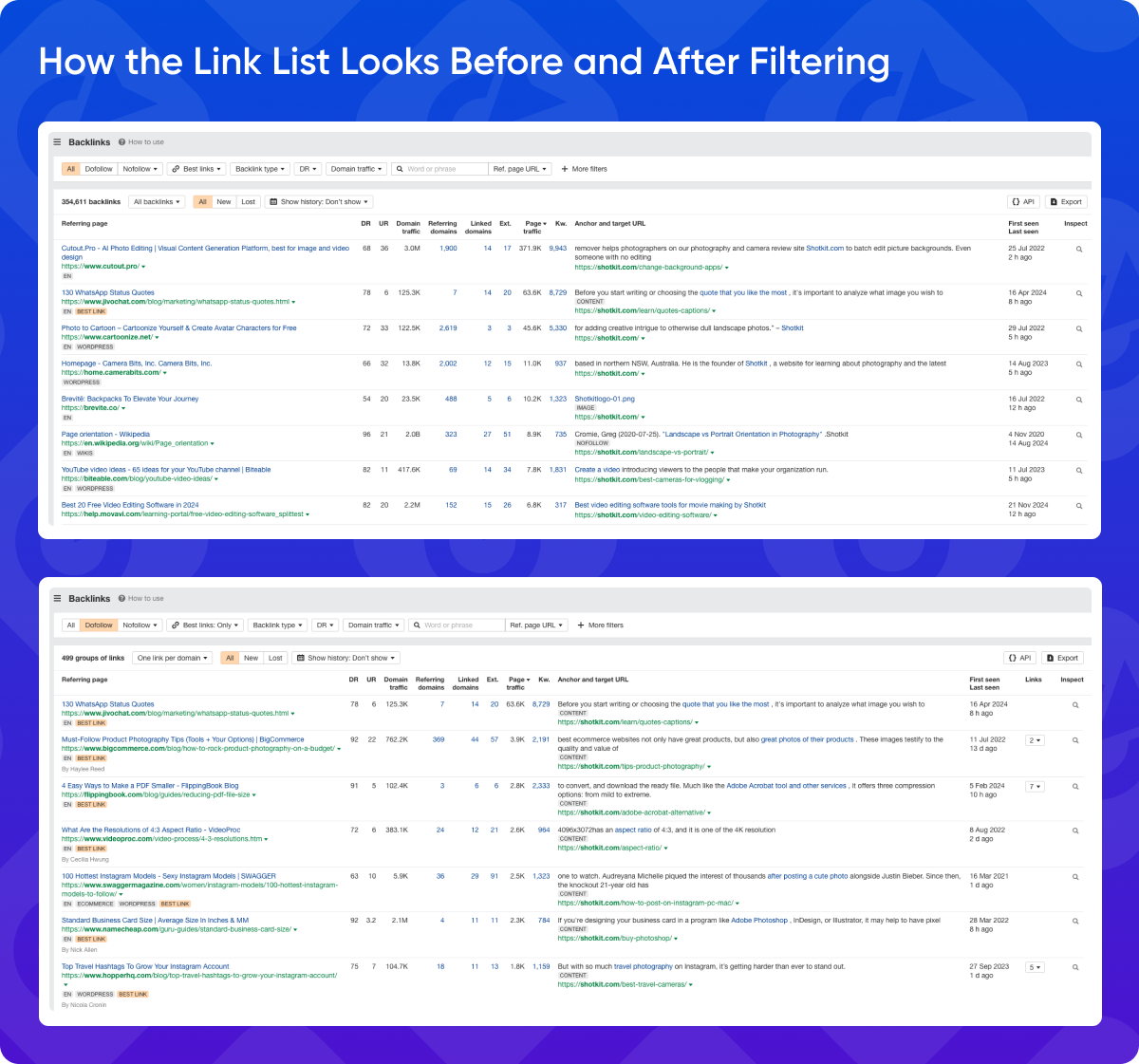 How the list of competitor's backlinks looks before and after filtering