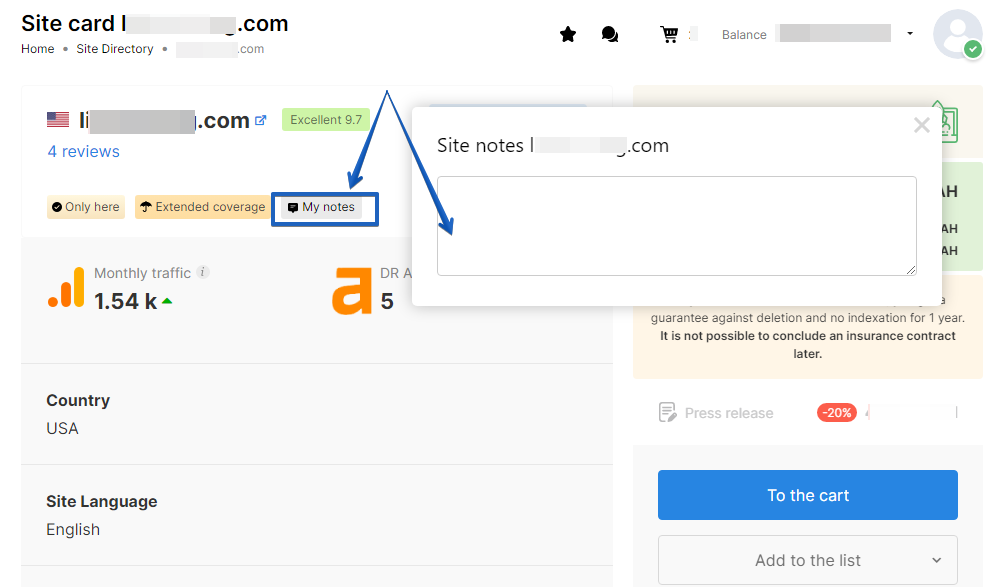 Leave notes about the site in its card