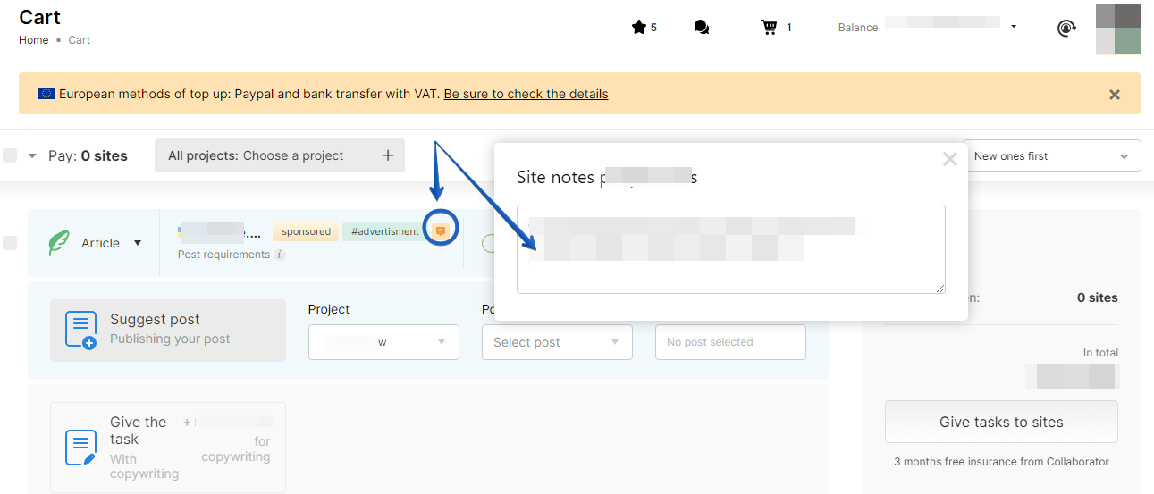 Notes about the site in the Cart