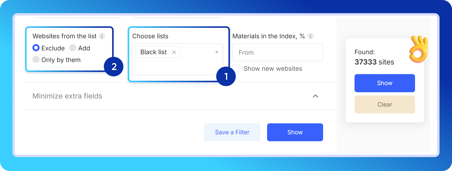 A screenshot illustrating a step-by-step on how to exclude lists from the search