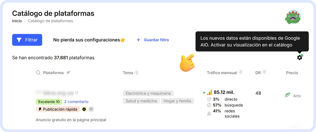 Revisa la métrica de citas de un sitio en Google AI Overviews dentro del catálogo de Collaborator. Aprende cómo activar AIO en el catálogo de Collaborator.