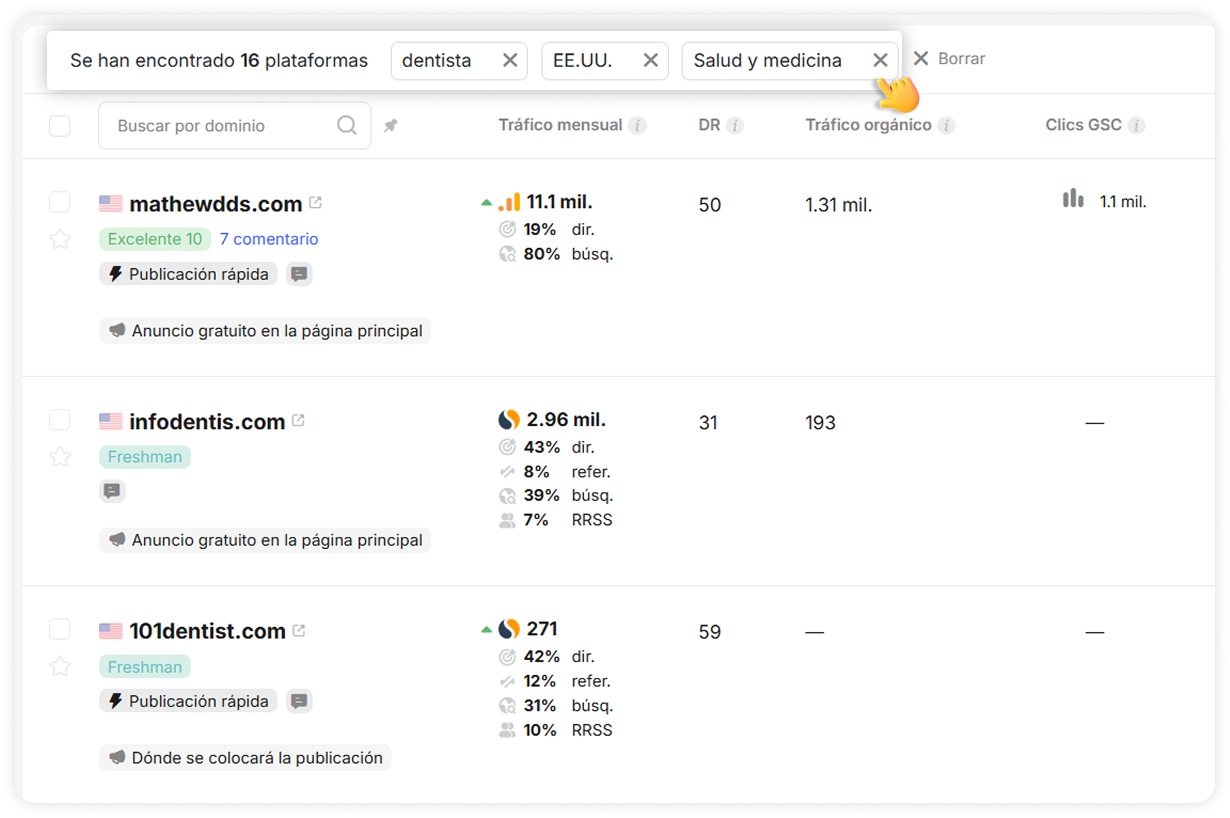 Catálogo de sitios web con múltiples filtros aplicados: categoría Salud y Medicina, palabra clave «dentist» y país EE. UU., mostrando 16 resultados filtrados con métricas de tráfico, puntuación DR y datos de geografía de la audiencia