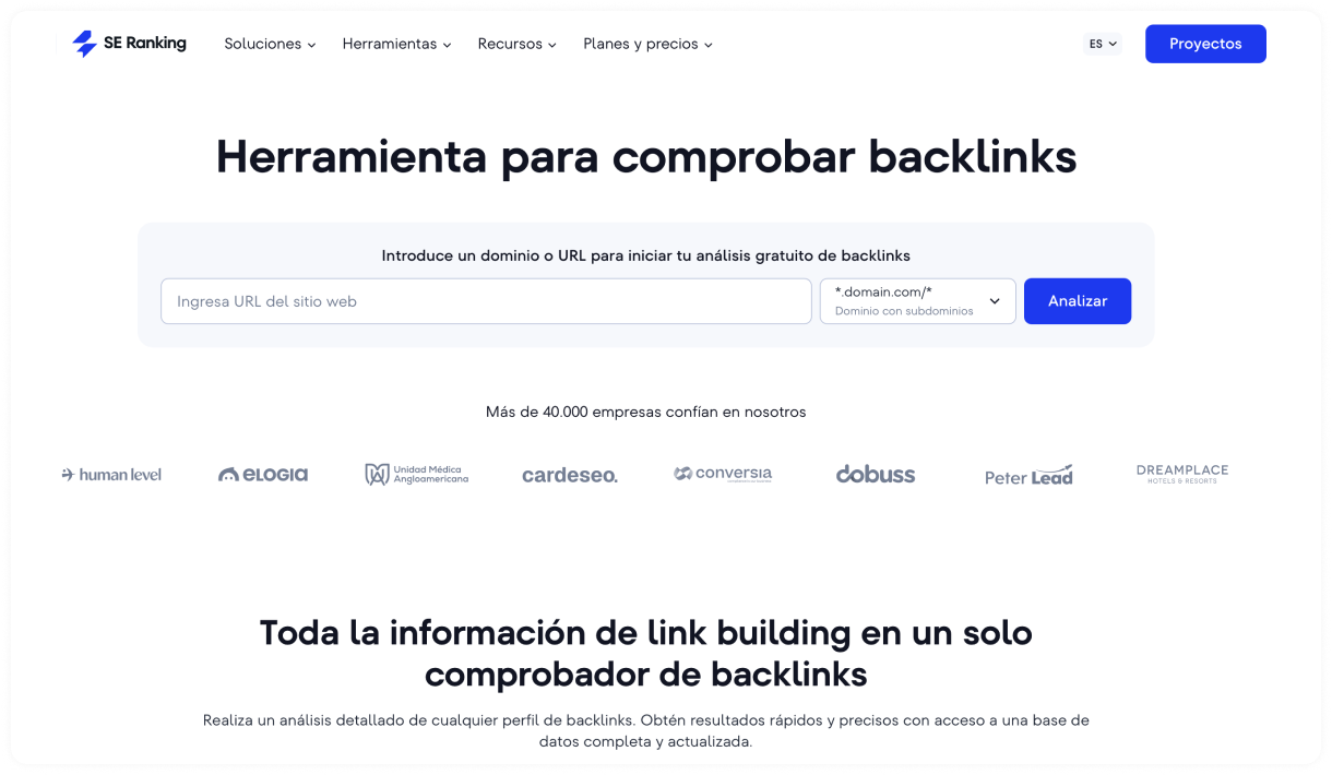 Herramienta de SE Ranking para comprobar backlinks en español
