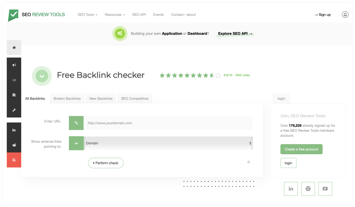 Backlink Checker gratuito de SEO Review Tools