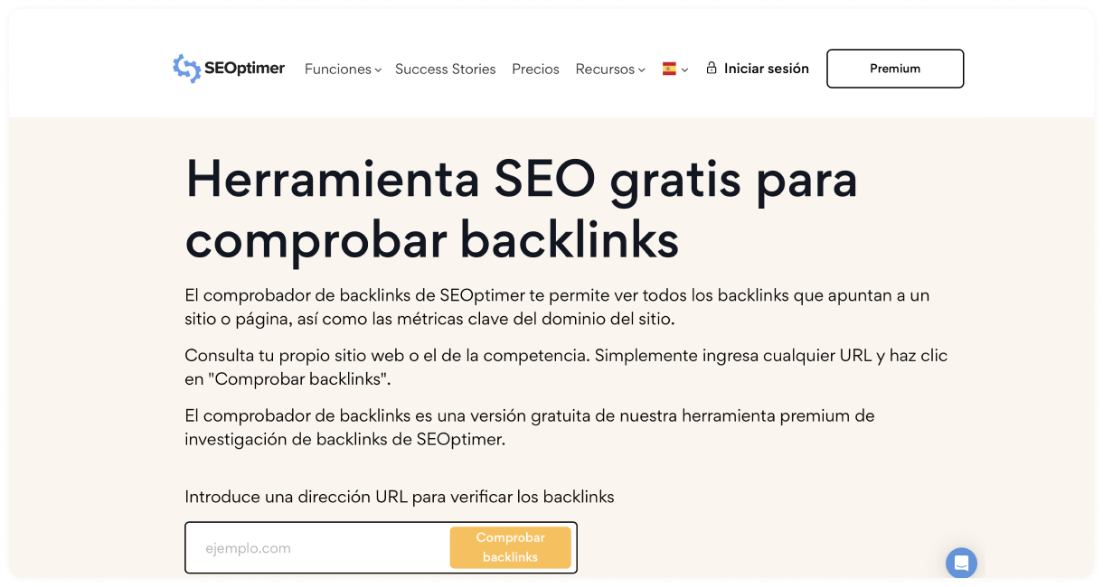 Comprobador de backlinks gratuito de SEOptimer en español