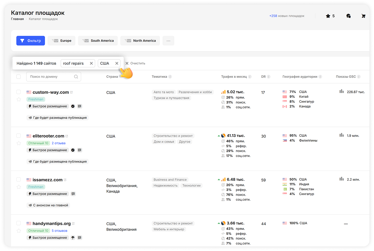Каталог сайтов, отфильтрованный по ключевому слову «roof repairs» и стране США, показал 1149 результатов, отображая списки площадок с показателями трафика, DR, тегами категорий и разбивкой по географии аудитории.