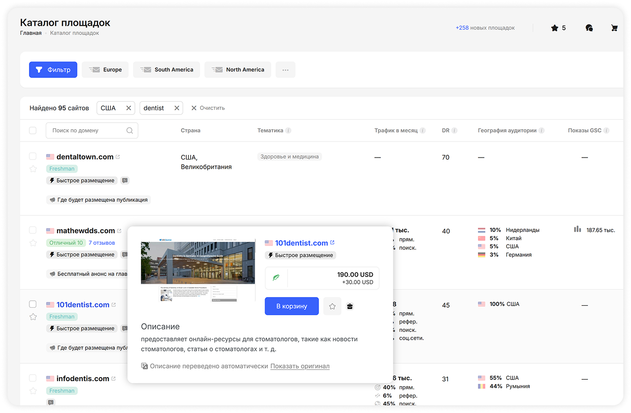 Каталог сайтов, отфильтрованный по ключевому слову «dentist» в США, показывает 95 результатов, с расширенной карточкой, отображающей предварительный просмотр сайта, описание онлайн-ресурса для размещения статей о стоматологии, а также кнопку «В корзину».