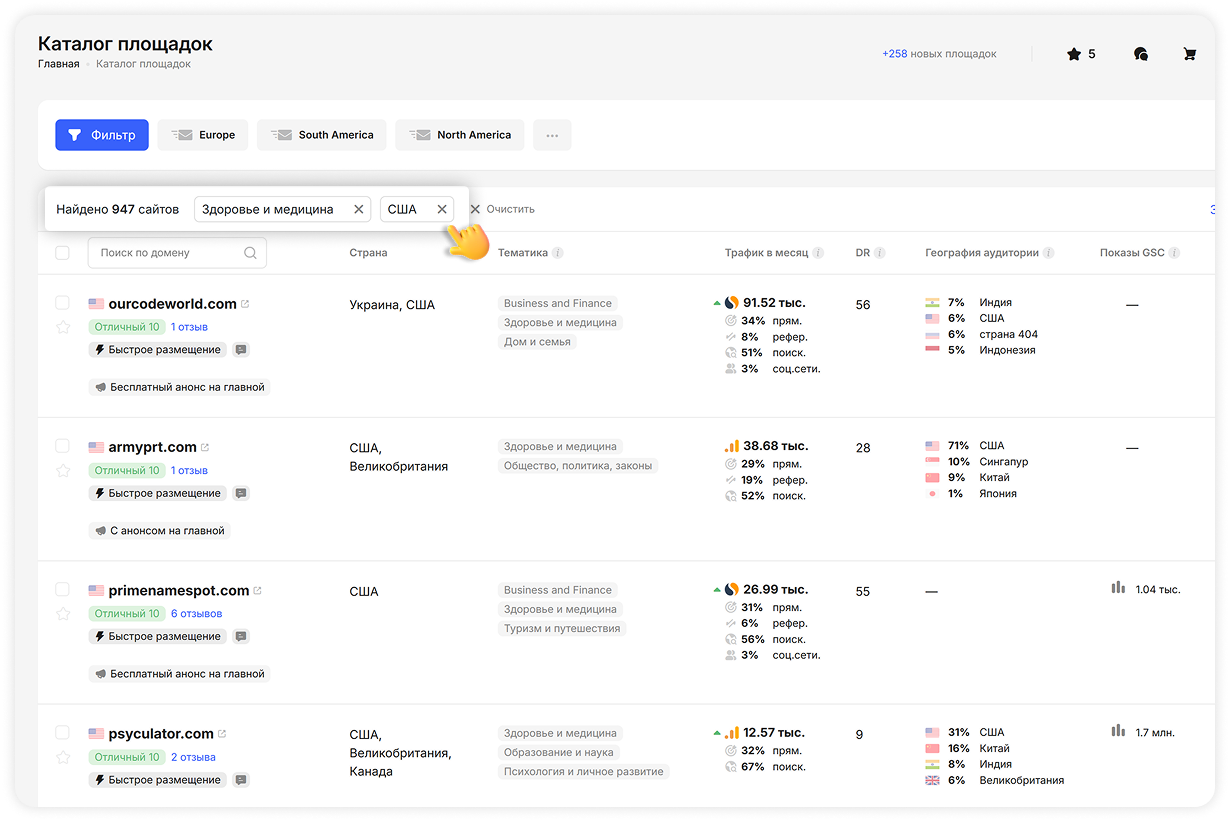 Интерфейс каталога сайтов, отображающий 947 отфильтрованных результатов в категории «Здоровье и медицина» в США, показывает списки доменов с такими показателями, как трафик, показатели DR, география аудитории и варианты размещения.